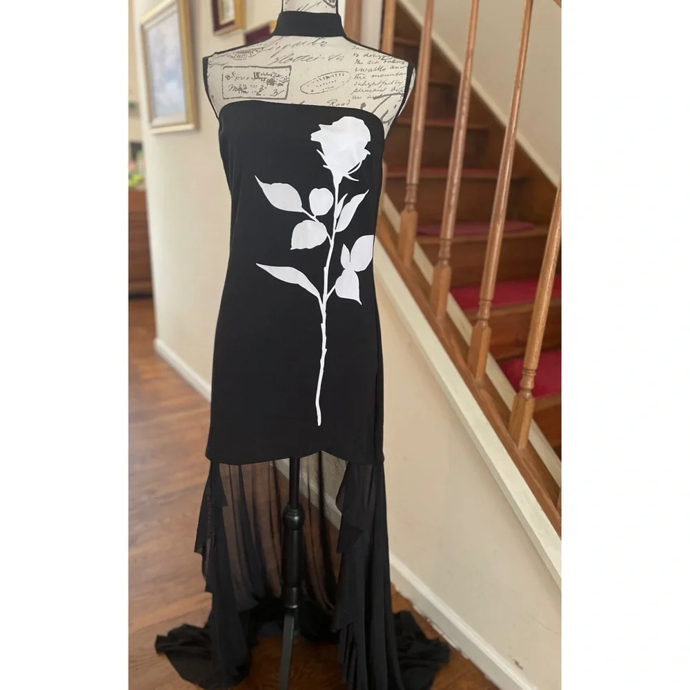 Black Mini Tube Dress with White Floral Detail & Sheer Ruffle Train - Picture 3 of 13